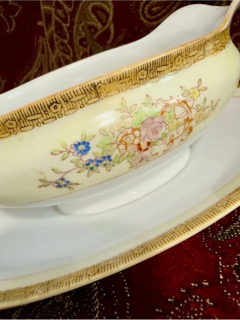 Vintage Noritake Porcelain Gravy Boat with Attached Underplate / Drip Tray 1930s